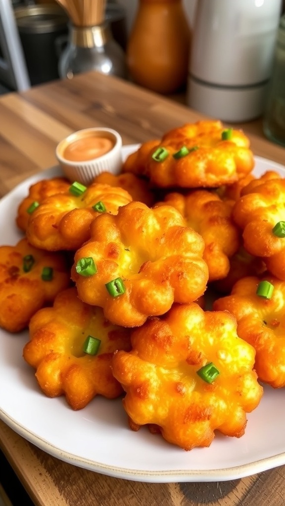 Crispy Air Fryer Potato Puffs Recipe Crispy potato puffs on a plate with green onions and a bowl of dipping sauce.